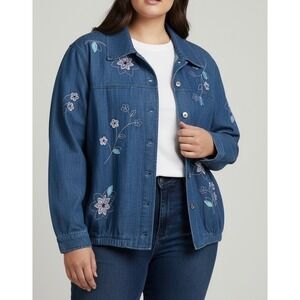Alfred Dunner Blue Embroidered Floral Denim Jacket Womens 16W Button Up Shacket